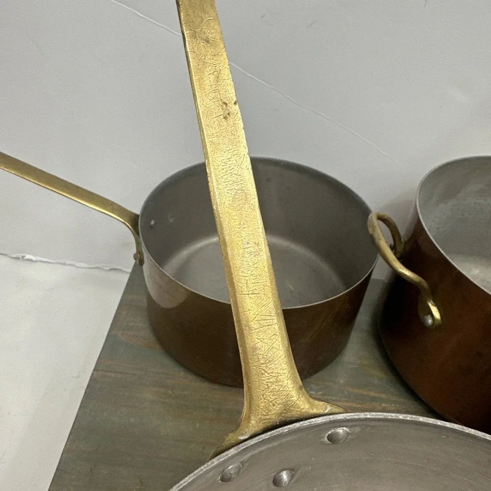 Vintage 4 Pc Set Graduating Copper Pot Brass Handles Tin Lined Made In France
